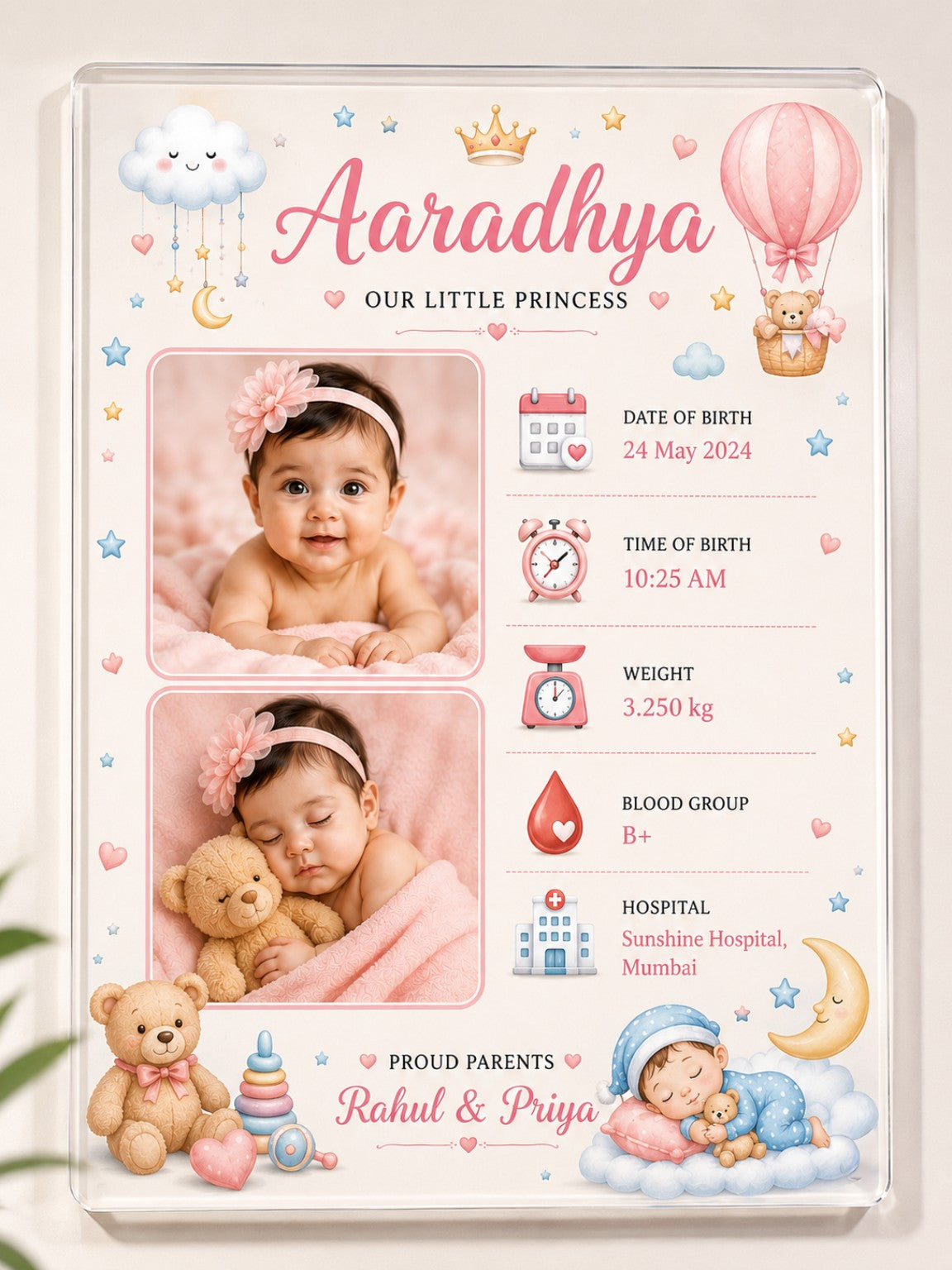 Personalized Baby Memory Acrylic Photo Frame | Custom Newborn Details Plaque
