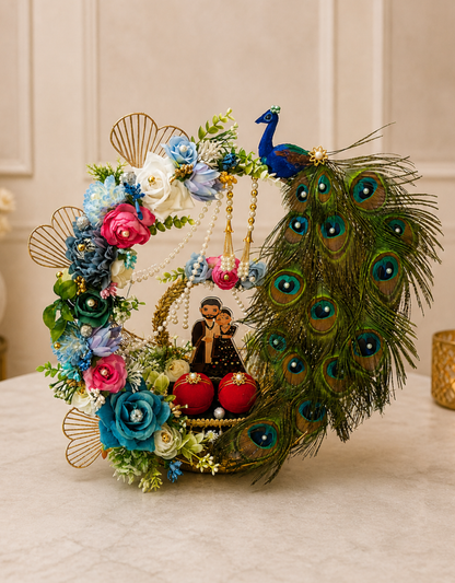 Multicolour Peacock Floral Hoop Ring Platter with Cartoon Couple | Indian Engagement Tray