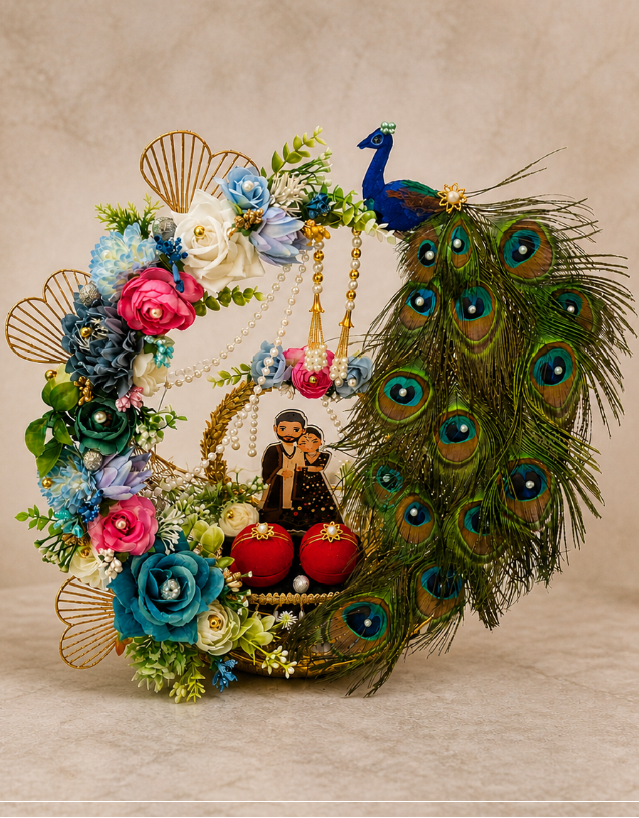 Multicolour Peacock Floral Hoop Ring Platter with Cartoon Couple | Indian Engagement Tray