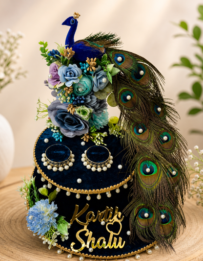 Premium Two-Tier Navy Peacock Personalized Ring Platter | Custom Names with Real Feather Tail