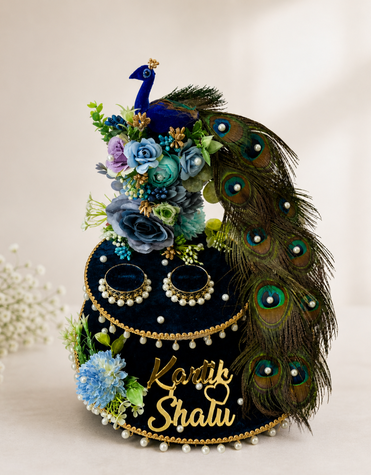 Premium Two-Tier Navy Peacock Personalized Ring Platter | Custom Names with Real Feather Tail
