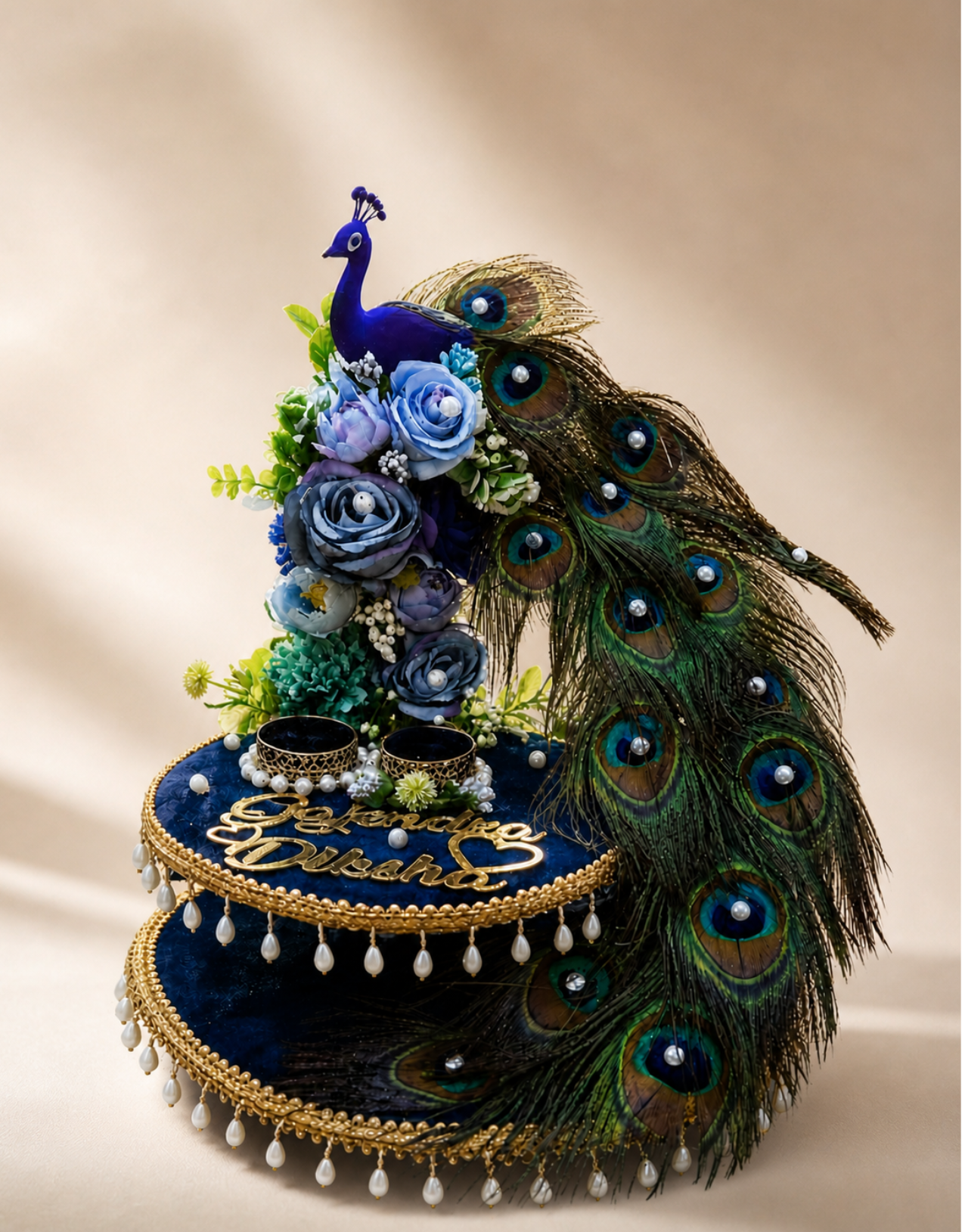 Personalized Navy Peacock Engagement Ring Box with Real Peacock Feather Tail | Custom Couple Names