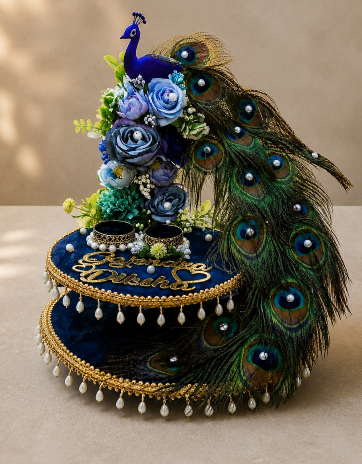 Personalized Navy Peacock Engagement Ring Box with Real Peacock Feather Tail | Custom Couple Names