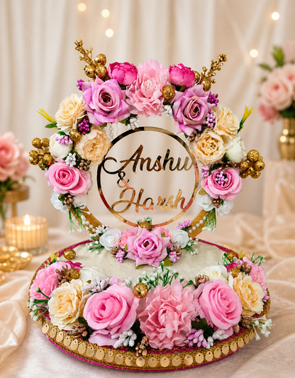 Personalized Pink & Cream Rose Engagement Ring Platter with Custom Name Plaque