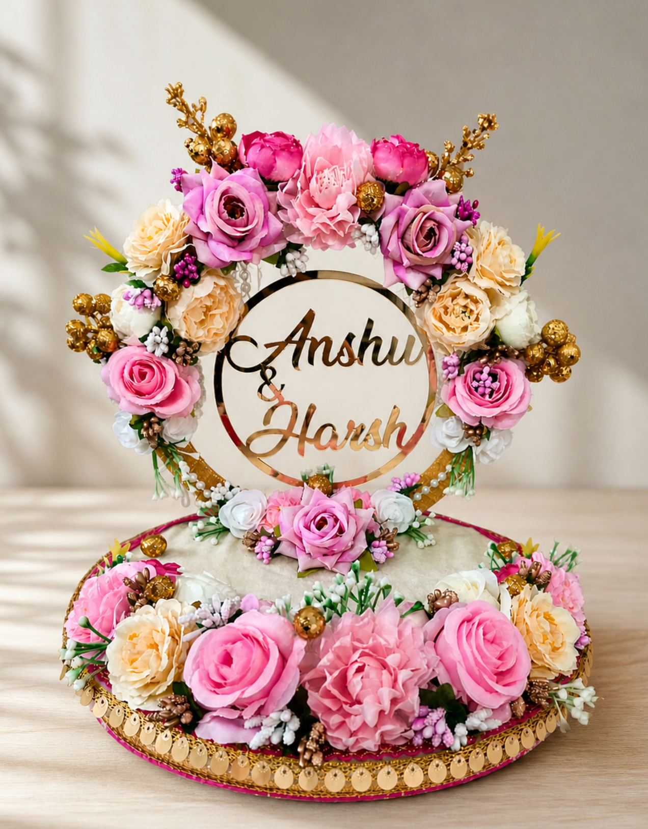 Personalized Pink & Cream Rose Engagement Ring Platter with Custom Name Plaque