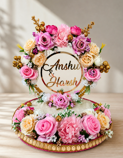 Personalized Pink & Cream Rose Engagement Ring Platter with Custom Name Plaque