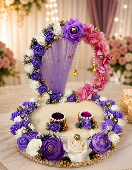 Lavender Dream Engagement Ring Platter with Purple Mesh Fan Backdrop | Handcrafted Sagai Tray