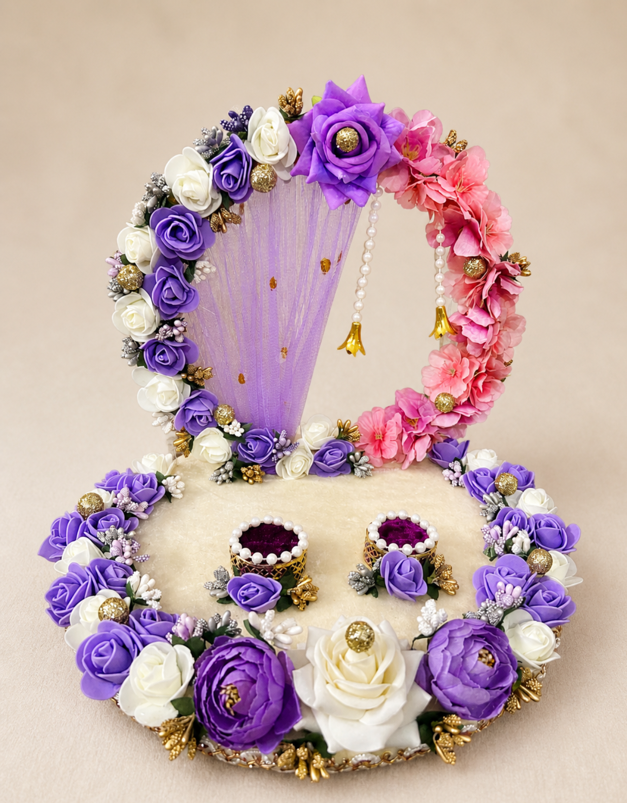 Lavender Dream Engagement Ring Platter with Purple Mesh Fan Backdrop | Handcrafted Sagai Tray