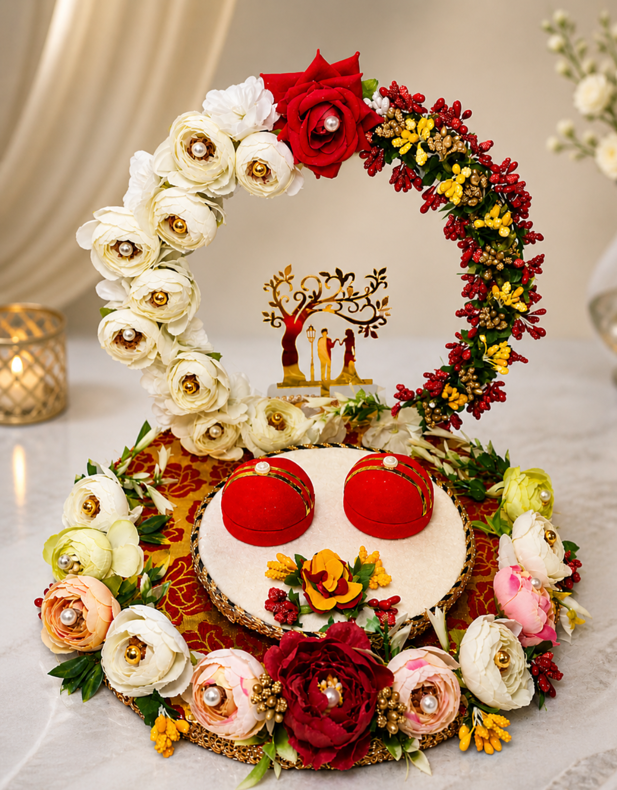 Royal Red & White Engagement Ring Platter with Couple Silhouette | Wedding Ring Ceremony Tray