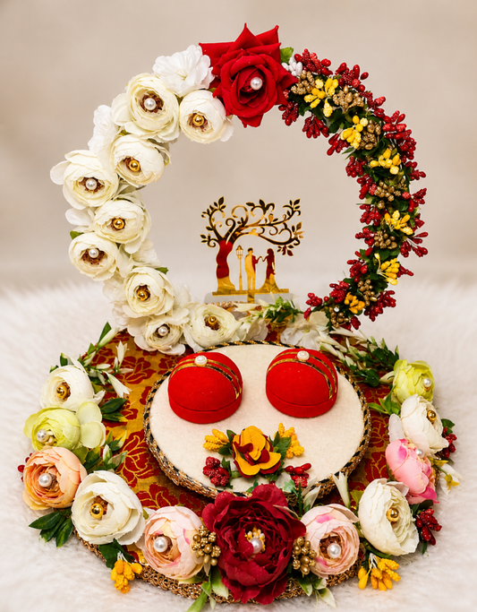 Royal Red & White Engagement Ring Platter with Couple Silhouette | Wedding Ring Ceremony Tray