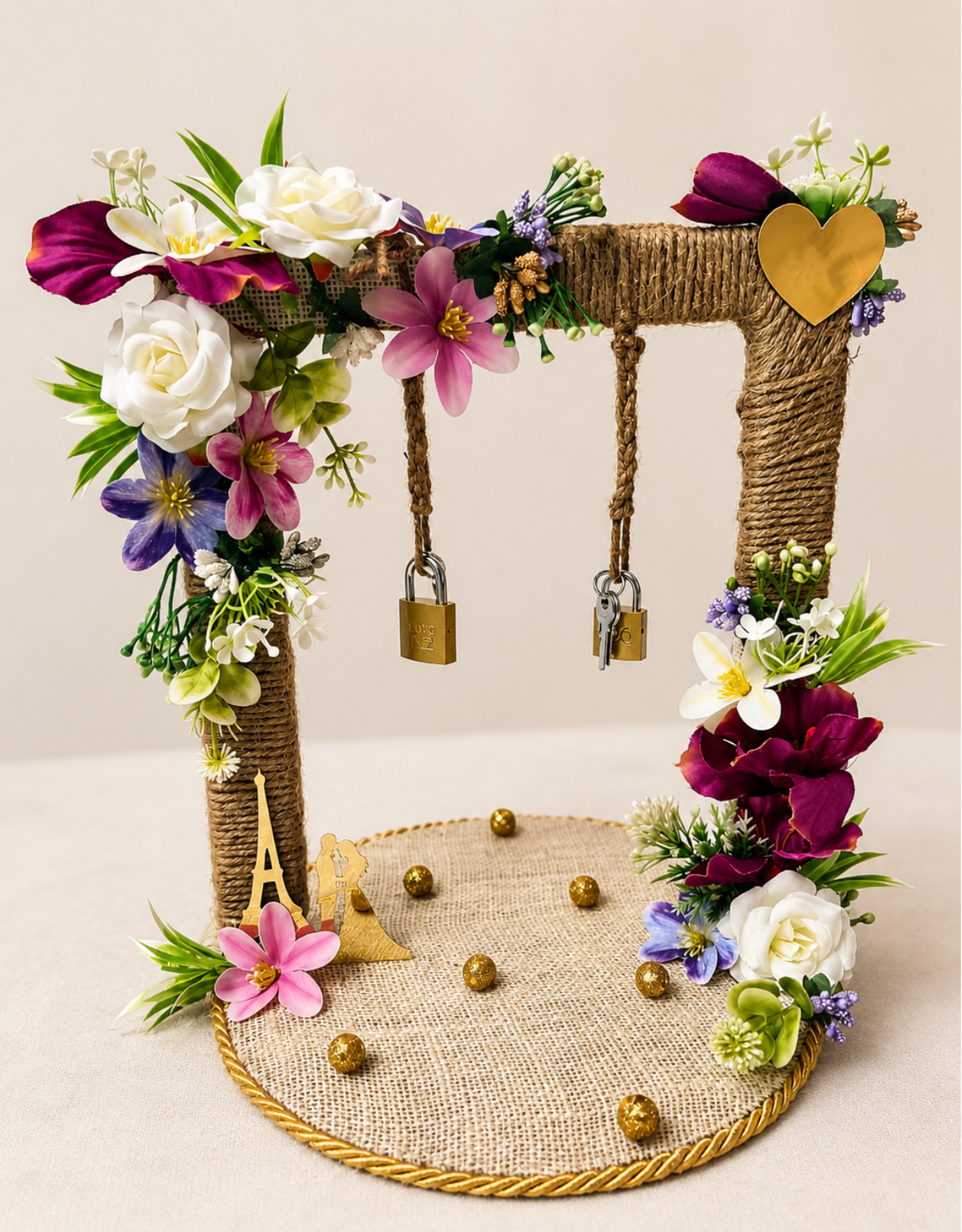 Rustic Jute Bridge Ring Holder with Padlocks | Bohemian Engagement Stand
