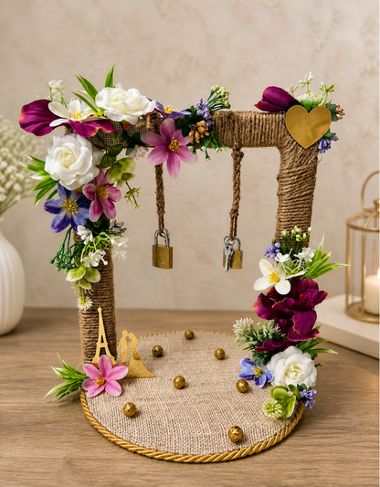 Rustic Jute Bridge Ring Holder with Padlocks | Bohemian Engagement Stand