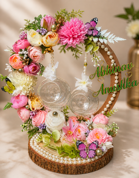 Personalized Pastel Pink Floral Ring Hoop with Glass Globes & Butterflies | Custom Names