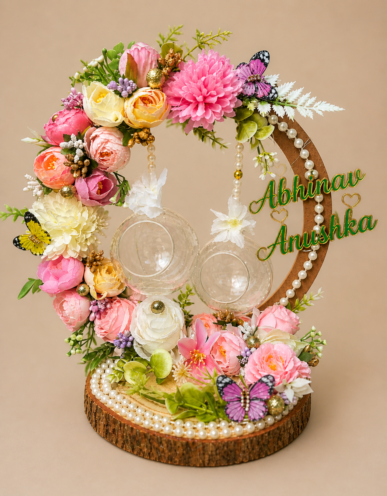 Personalized Pastel Pink Floral Ring Hoop with Glass Globes & Butterflies | Custom Names